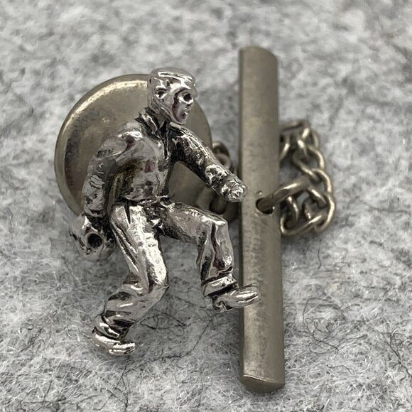 Vintage Silver Tone Bowler Tie Tack and Chain Lapel Pin Bowling Gift - Picture 1 of 5